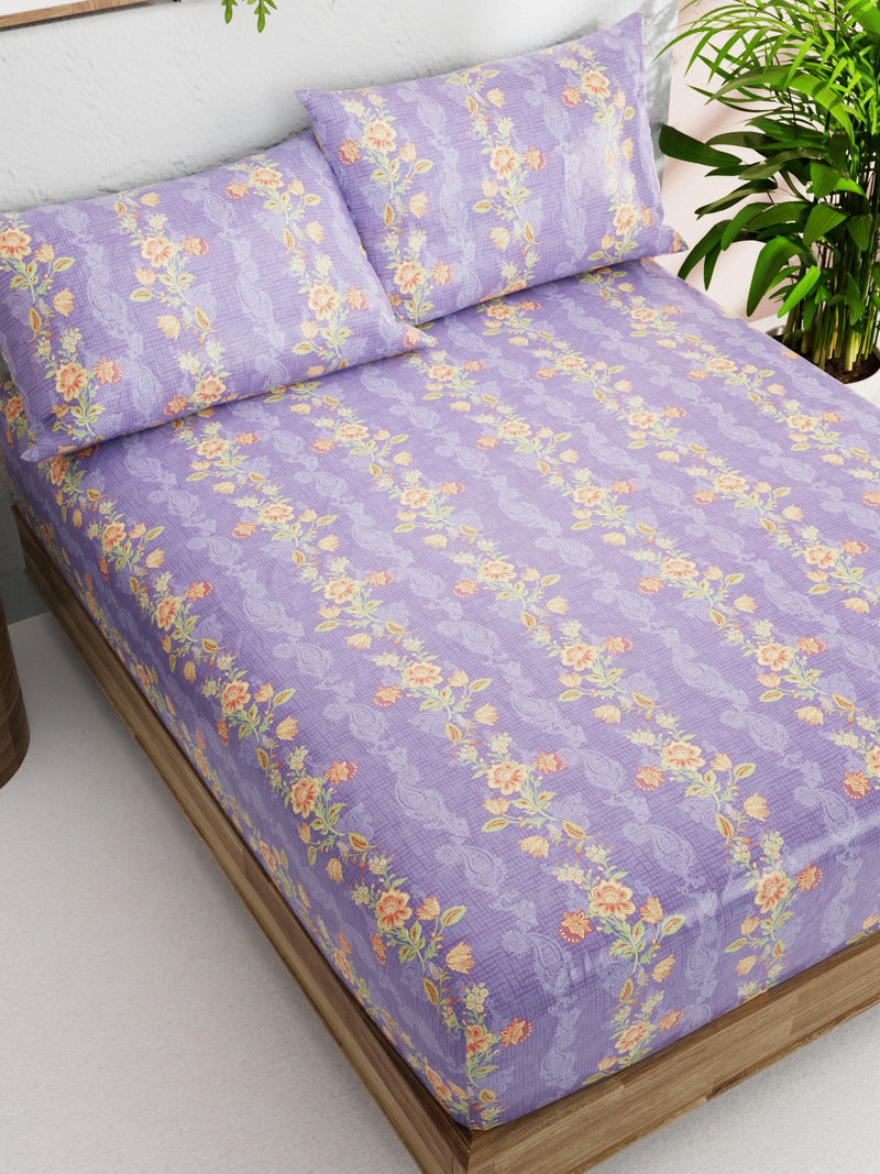 Soft 100% Natural Cotton Double Bedsheet With 2 Pillow Covers <small> (floral-lilac/orange)</small>