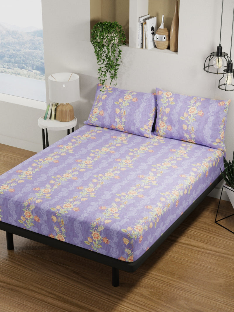 100% Pure Cotton Double Bedsheet With 2 Pillow Covers <small> (floral-lilac/orange)</small>
