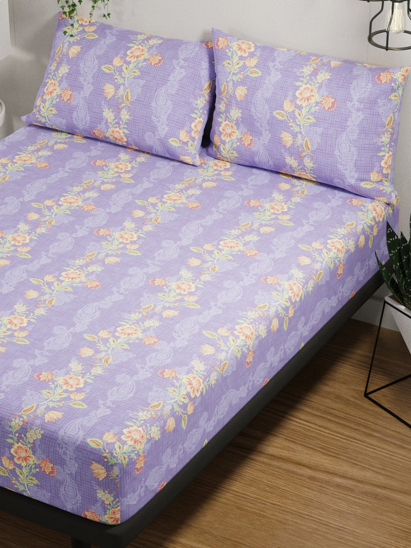100% Pure Cotton Double Bedsheet With 2 Pillow Covers <small> (floral-lilac/orange)</small>