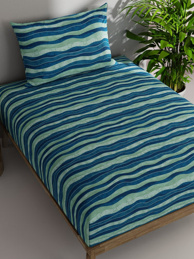 Soft 100% Natural Cotton Single Bedsheet With 1 Pillow Cover <small> (stripe-blue/mint)</small>