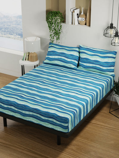 100% Pure Cotton Double Bedsheet With 2 Pillow Covers <small> (stripe-blue/mint)</small>