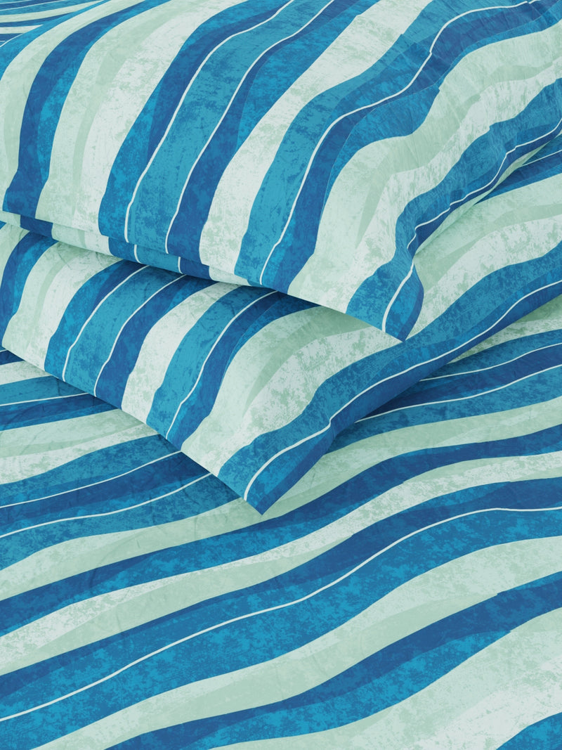 100% Pure Cotton Double Bedsheet With 2 Pillow Covers <small> (stripe-blue/mint)</small>