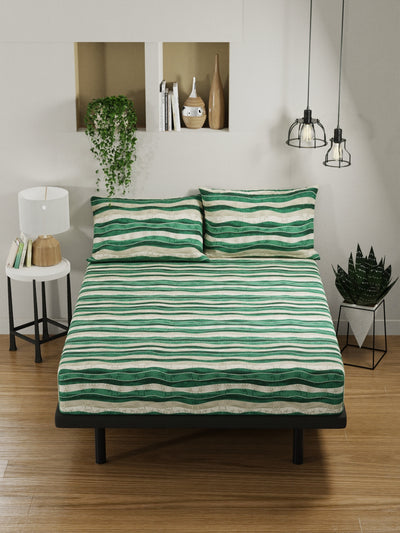 100% Pure Cotton Double Bedsheet With 2 Pillow Covers <small> (stripe-green/tan)</small>