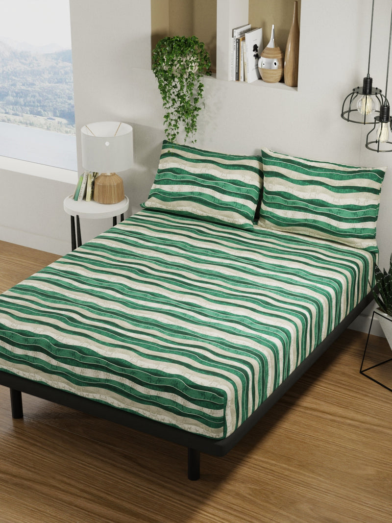 100% Pure Cotton Double Bedsheet With 2 Pillow Covers <small> (stripe-green/tan)</small>