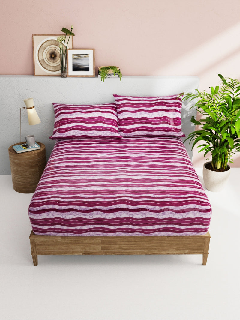 Soft 100% Natural Cotton Double Bedsheet With 2 Pillow Covers <small> (stripe-purple/wine)</small>