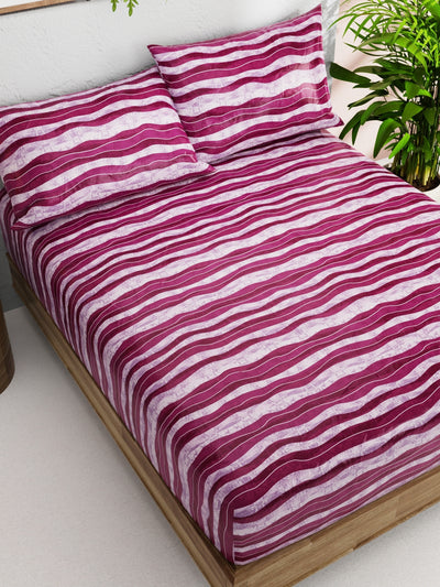 Soft 100% Natural Cotton Double Bedsheet With 2 Pillow Covers <small> (stripe-purple/wine)</small>