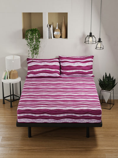 100% Pure Cotton Double Bedsheet With 2 Pillow Covers <small> (stripe-purple/wine)</small>