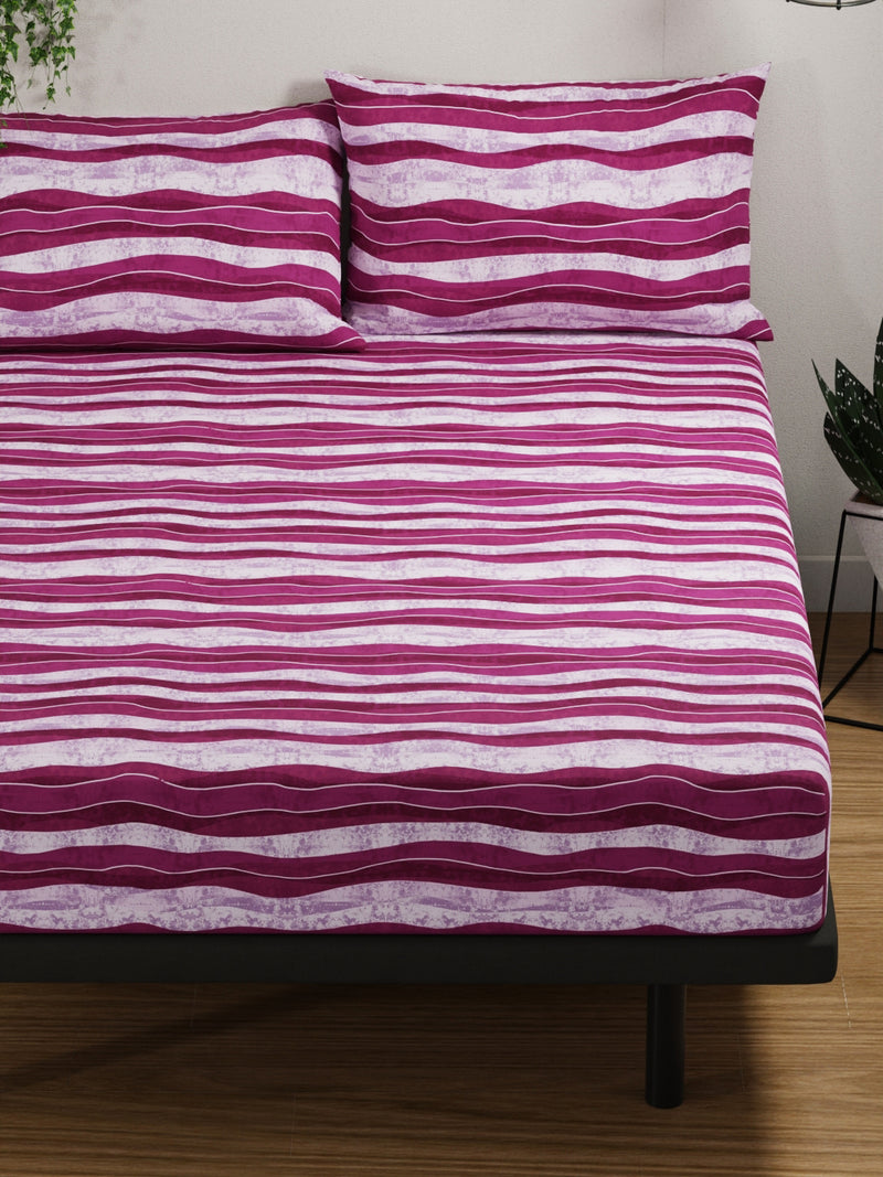 100% Pure Cotton Double Bedsheet With 2 Pillow Covers <small> (stripe-purple/wine)</small>