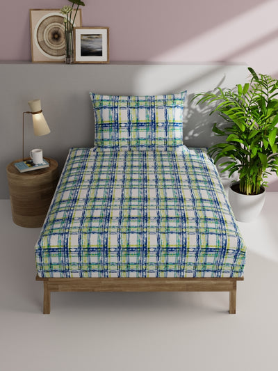 Soft 100% Natural Cotton Single Bedsheet With 1 Pillow Cover <small> (checks-blue/lemon)</small>