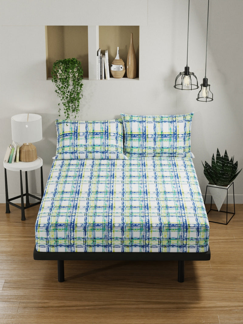 100% Pure Cotton Double Bedsheet With 2 Pillow Covers <small> (checks-blue/lemon)</small>