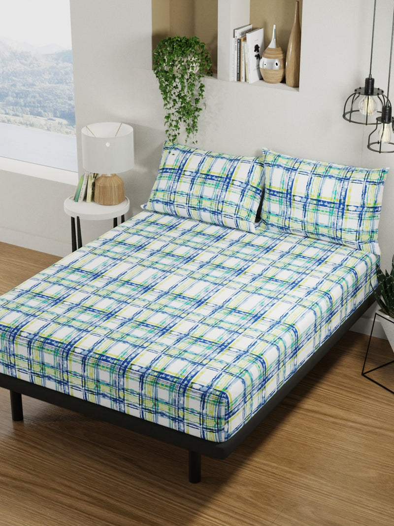 100% Pure Cotton Double Bedsheet With 2 Pillow Covers <small> (checks-blue/lemon)</small>