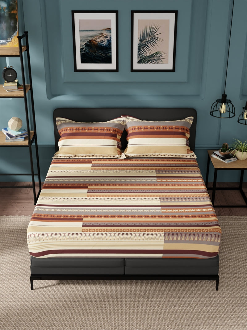 100% Pure Cotton Double Bedsheet With 2 Pillow Covers <small> (ornamental-beige/brown)</small>