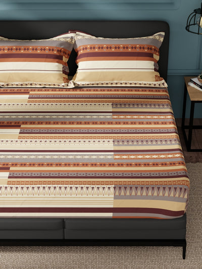 100% Pure Cotton Double Bedsheet With 2 Pillow Covers <small> (ornamental-beige/brown)</small>