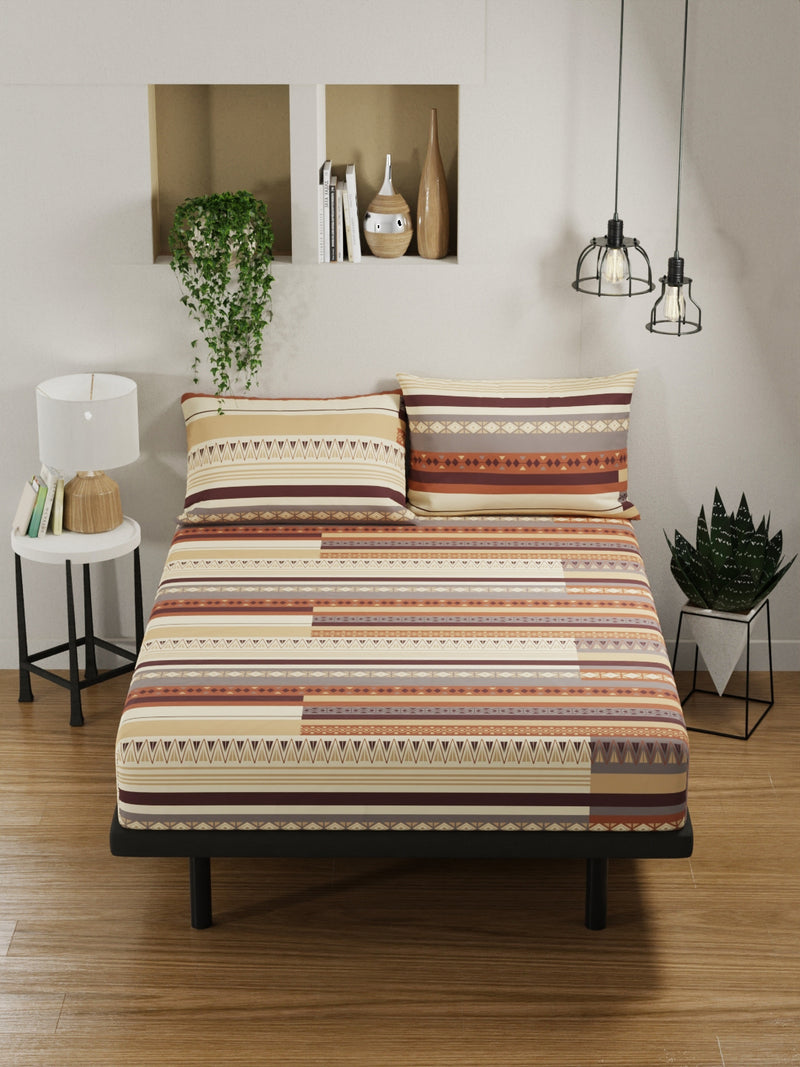 100% Pure Cotton Double Bedsheet With 2 Pillow Covers <small> (ornamental-beige/brown)</small>