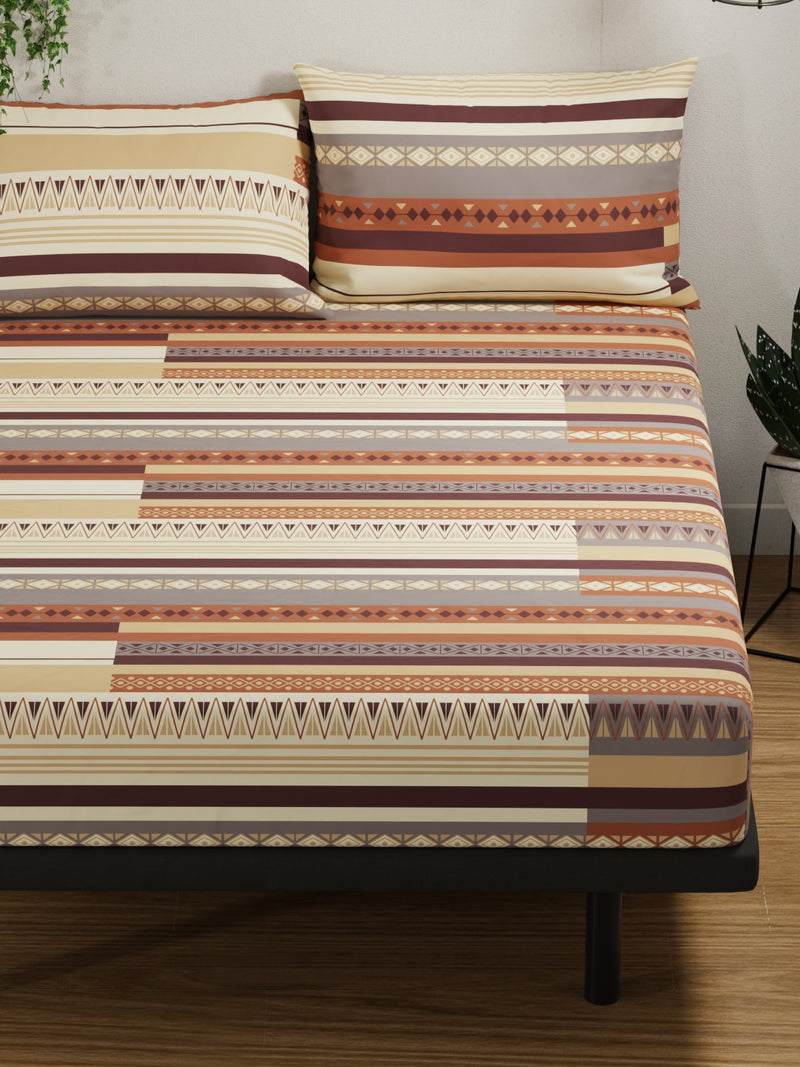 100% Pure Cotton Double Bedsheet With 2 Pillow Covers <small> (ornamental-beige/brown)</small>