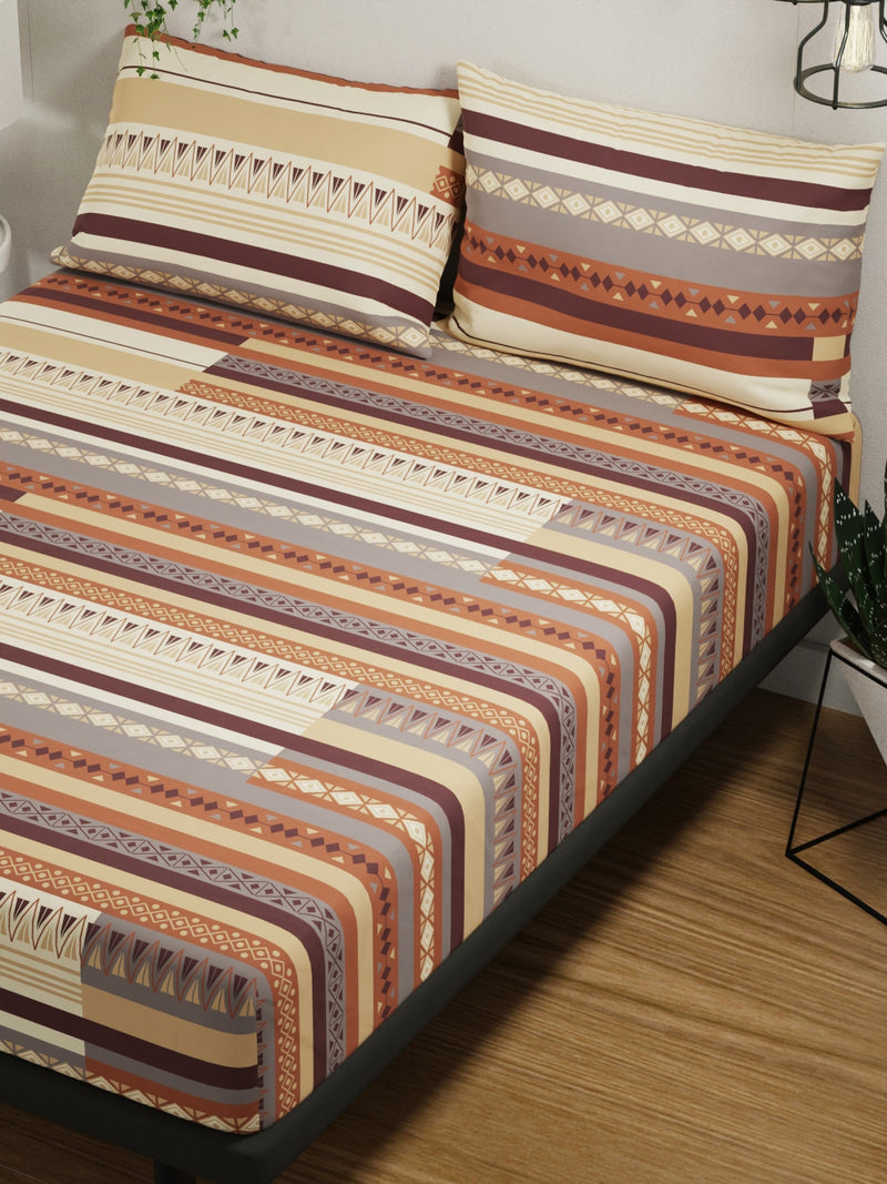 100% Pure Cotton Double Bedsheet With 2 Pillow Covers <small> (ornamental-beige/brown)</small>