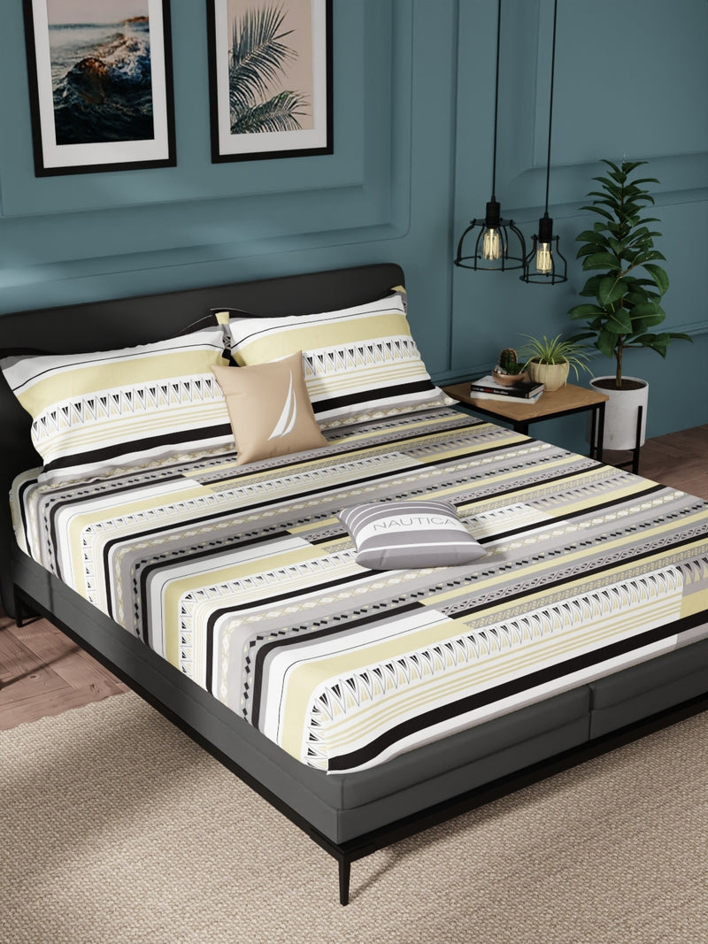 100% Pure Cotton Double Bedsheet With 2 Pillow Covers <small> (ornamental-beige/grey)</small>
