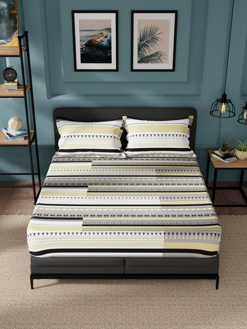 100% Pure Cotton Double Bedsheet With 2 Pillow Covers <small> (ornamental-beige/grey)</small>