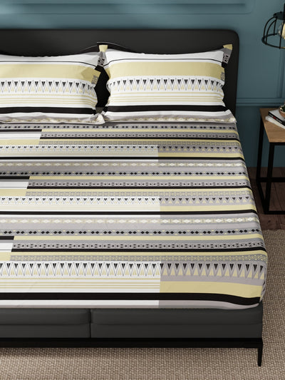 100% Pure Cotton Double Bedsheet With 2 Pillow Covers <small> (ornamental-beige/grey)</small>