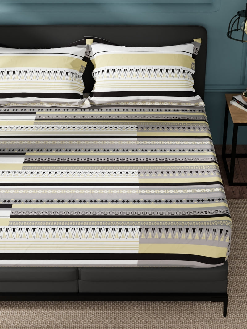 100% Pure Cotton Double Bedsheet With 2 Pillow Covers <small> (ornamental-beige/grey)</small>