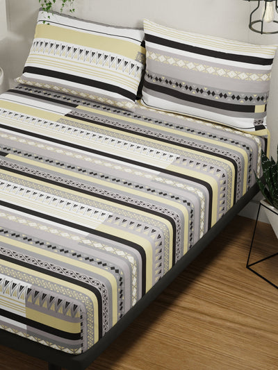 100% Pure Cotton Double Bedsheet With 2 Pillow Covers <small> (ornamental-beige/grey)</small>