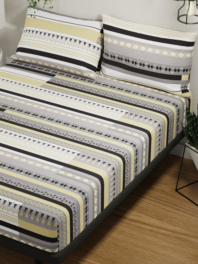 100% Pure Cotton Double Bedsheet With 2 Pillow Covers <small> (ornamental-beige/grey)</small>