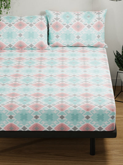 100% Pure Cotton Double Bedsheet With 2 Pillow Covers <small> (abstract-turq/red)</small>