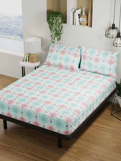 100% Pure Cotton Double Bedsheet With 2 Pillow Covers <small> (abstract-turq/red)</small>