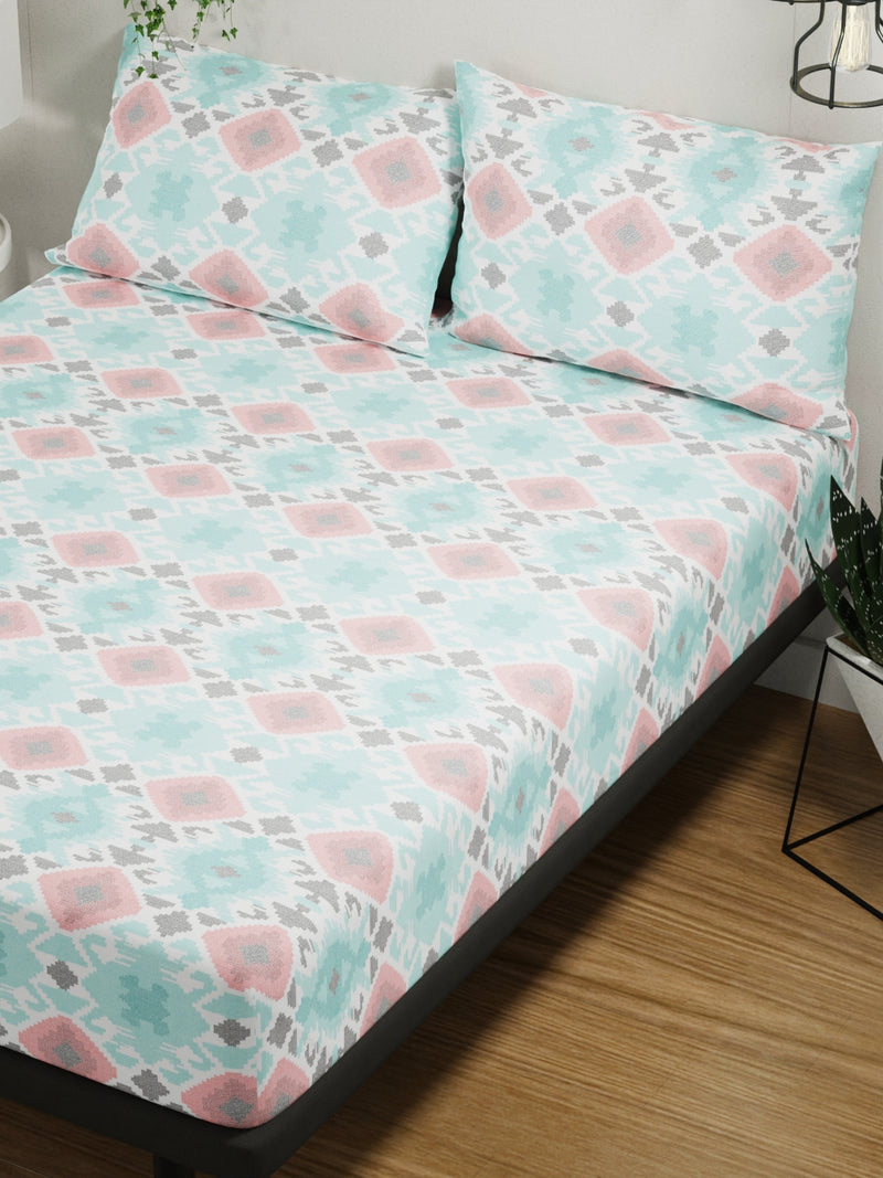 100% Pure Cotton Double Bedsheet With 2 Pillow Covers <small> (abstract-turq/red)</small>