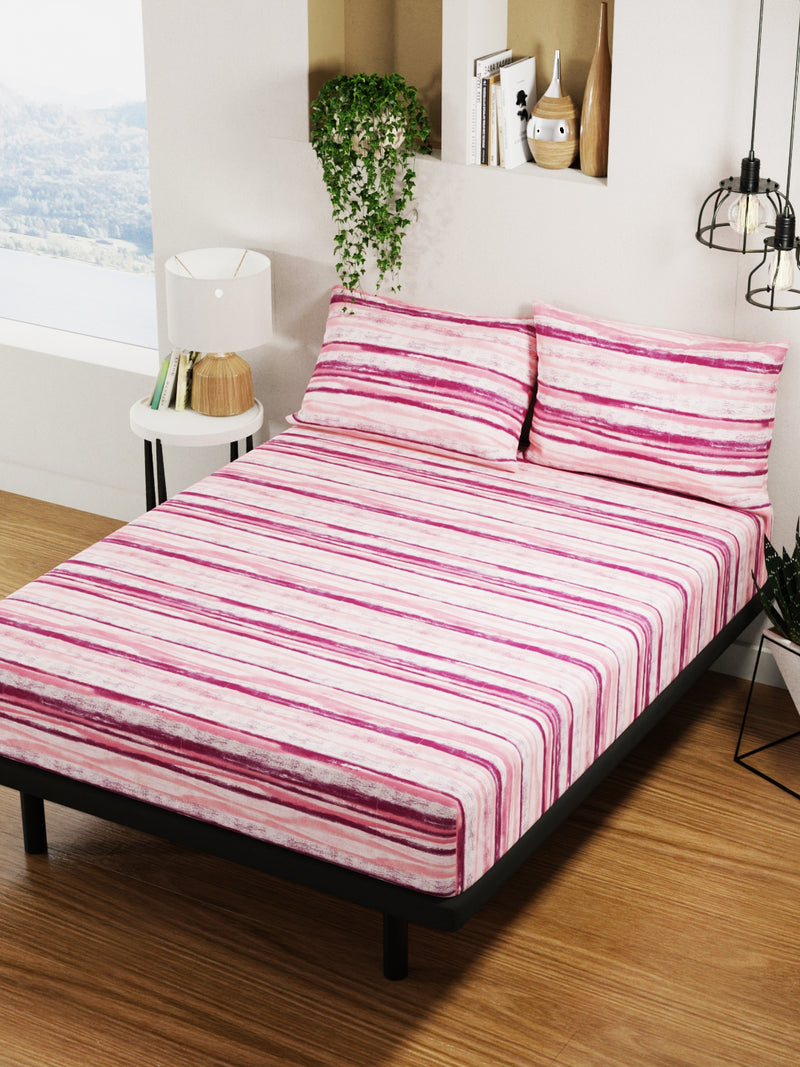 100% Pure Cotton Double Bedsheet With 2 Pillow Covers <small> (stripe-coral)</small>