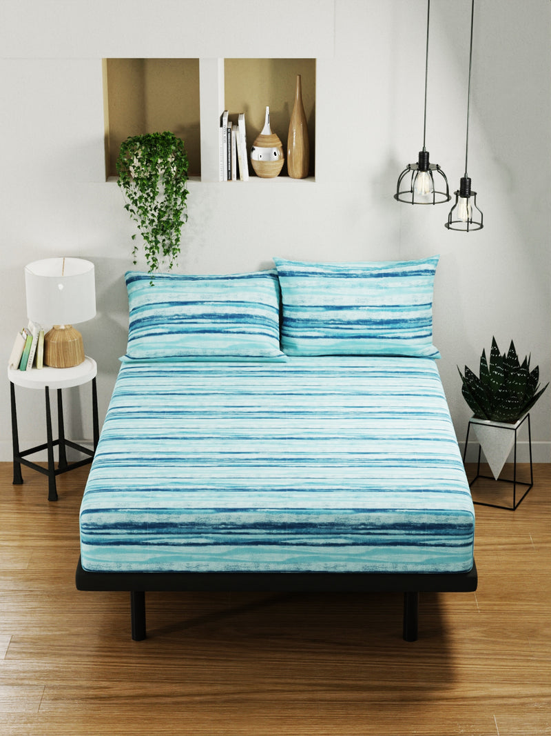 100% Pure Cotton Double Bedsheet With 2 Pillow Covers <small> (stripe-aqua)</small>