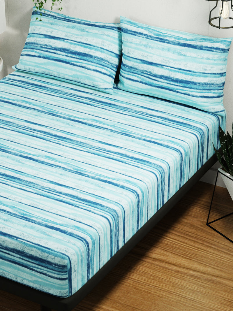 100% Pure Cotton Double Bedsheet With 2 Pillow Covers <small> (stripe-aqua)</small>