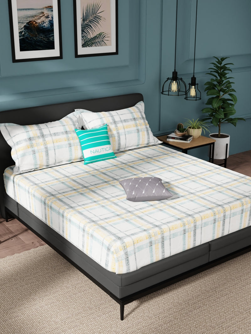 100% Pure Cotton Double Bedsheet With 2 Pillow Covers <small> (checks-gold/blue)</small>