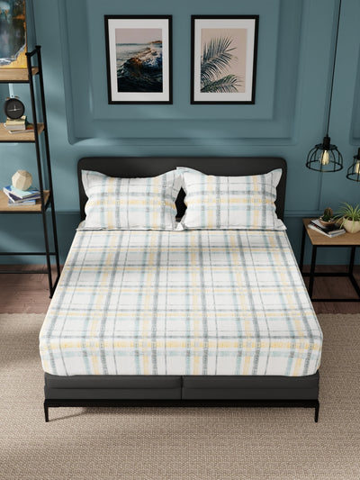 100% Pure Cotton Double Bedsheet With 2 Pillow Covers <small> (checks-gold/blue)</small>
