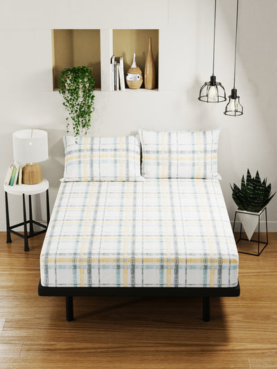 100% Pure Cotton Double Bedsheet With 2 Pillow Covers <small> (checks-gold/blue)</small>