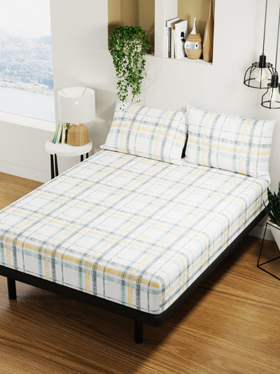 100% Pure Cotton Double Bedsheet With 2 Pillow Covers <small> (checks-gold/blue)</small>