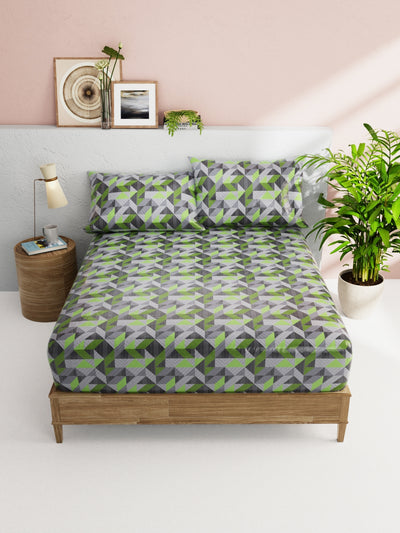 Soft 100% Natural Cotton Double Bedsheet With 2 Pillow Covers <small> (geometric-grey/sage)</small>