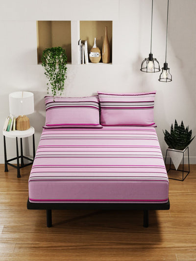 100% Pure Cotton Double Bedsheet With 2 Pillow Covers <small> (stripe-pink/grey)</small>