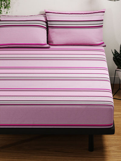 100% Pure Cotton Double Bedsheet With 2 Pillow Covers <small> (stripe-pink/grey)</small>