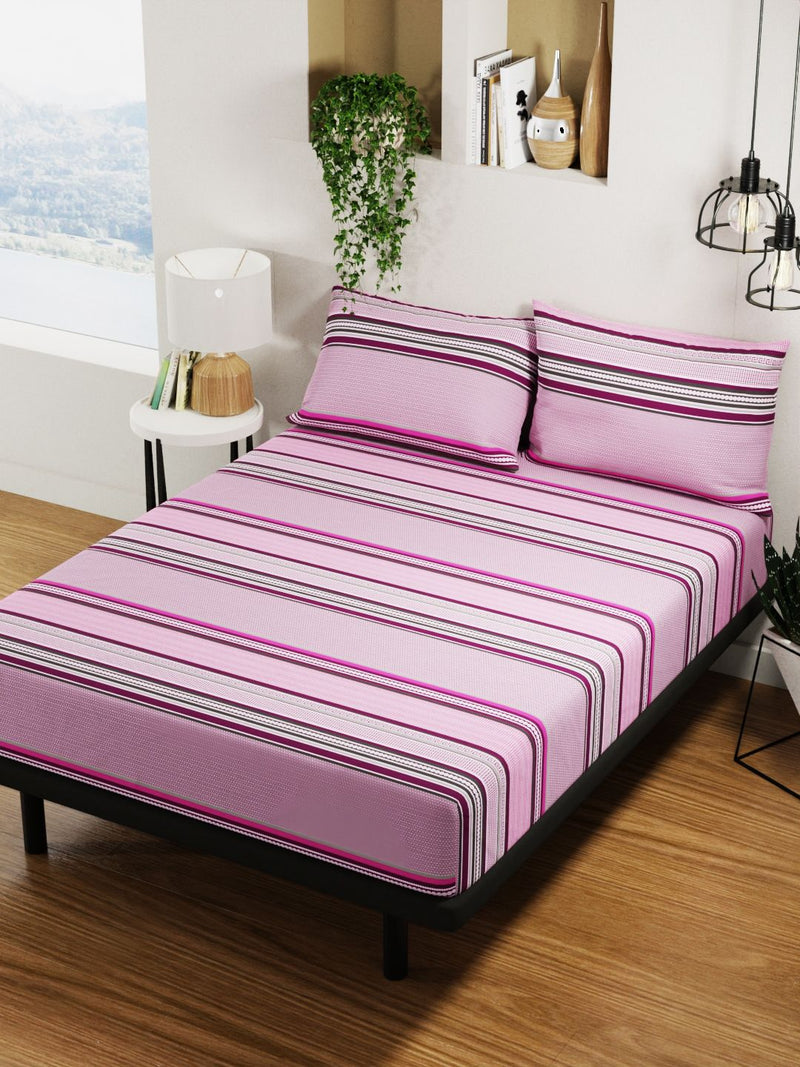 100% Pure Cotton Double Bedsheet With 2 Pillow Covers <small> (stripe-pink/grey)</small>