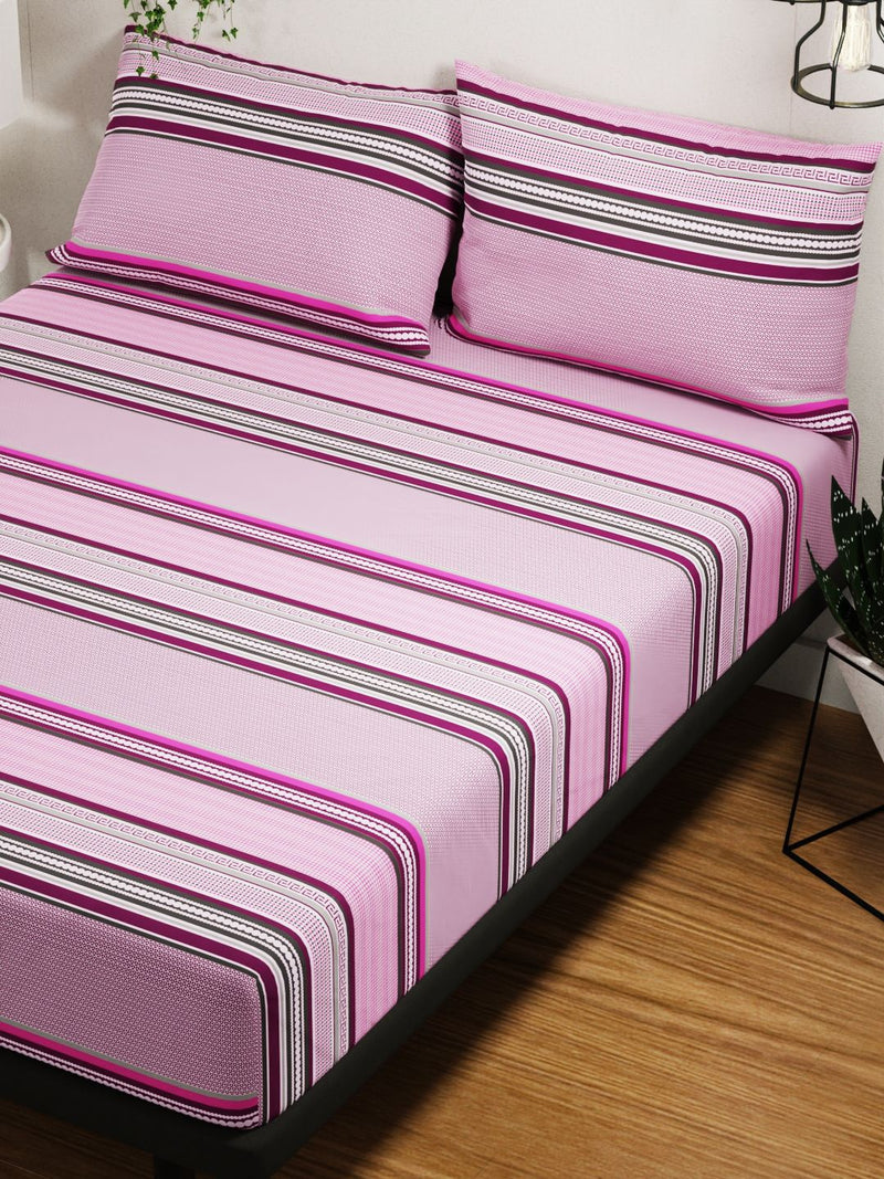 100% Pure Cotton Double Bedsheet With 2 Pillow Covers <small> (stripe-pink/grey)</small>