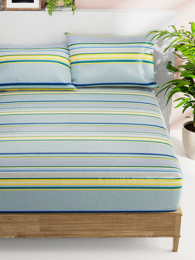 Soft 100% Natural Cotton Double Bedsheet With 2 Pillow Covers <small> (stripe-blue/yellow)</small>