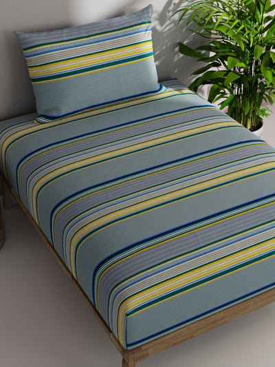 Soft 100% Natural Cotton Single Bedsheet With 1 Pillow Cover <small> (stripe-blue/yellow)</small>