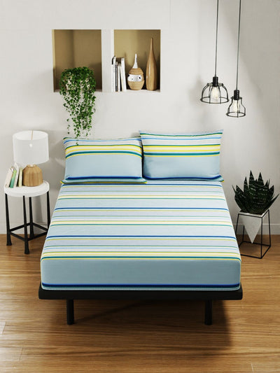 100% Pure Cotton Double Bedsheet With 2 Pillow Covers <small> (stripe-blue/yellow)</small>