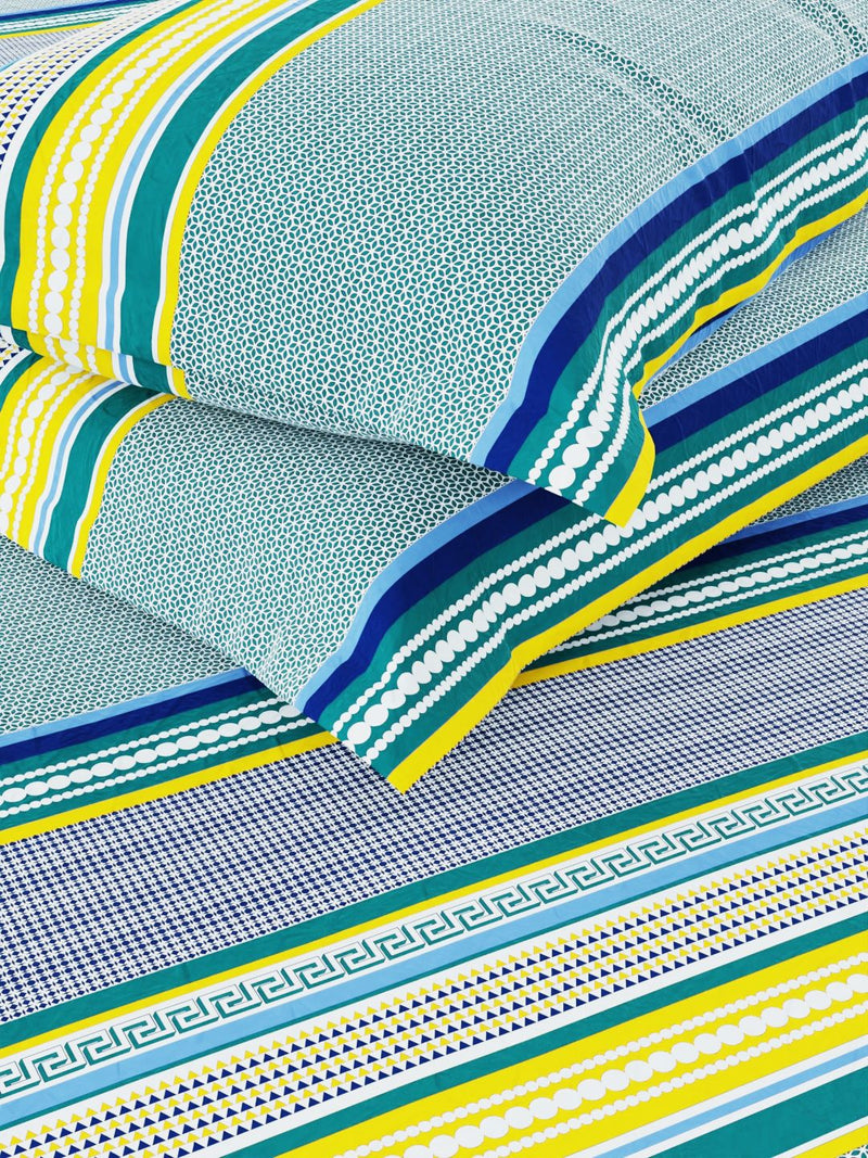 100% Pure Cotton Double Bedsheet With 2 Pillow Covers <small> (stripe-blue/yellow)</small>