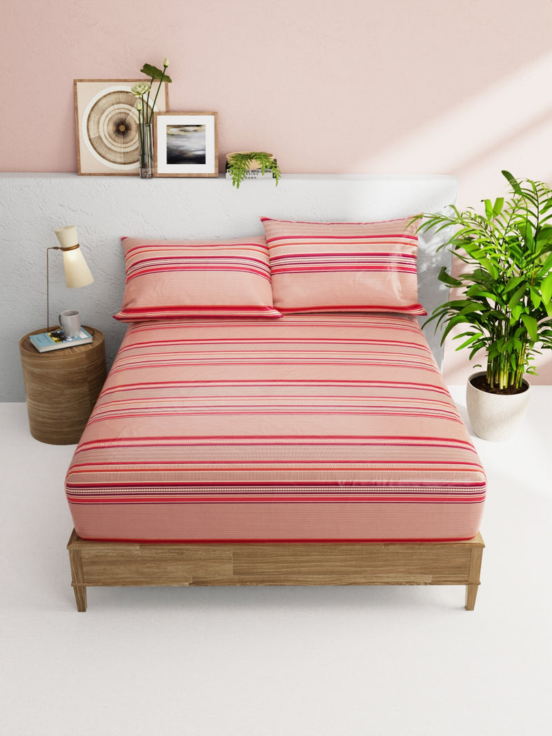 Soft 100% Natural Cotton Double Bedsheet With 2 Pillow Covers <small> (stripe-brick/wine)</small>