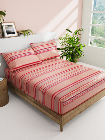 Soft 100% Natural Cotton Double Bedsheet With 2 Pillow Covers <small> (stripe-brick/wine)</small>