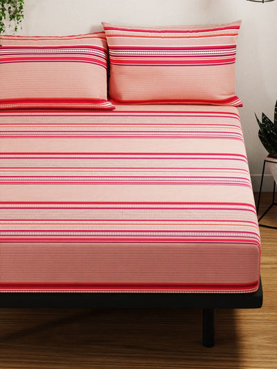 100% Pure Cotton Double Bedsheet With 2 Pillow Covers <small> (stripe-brick/wine)</small>