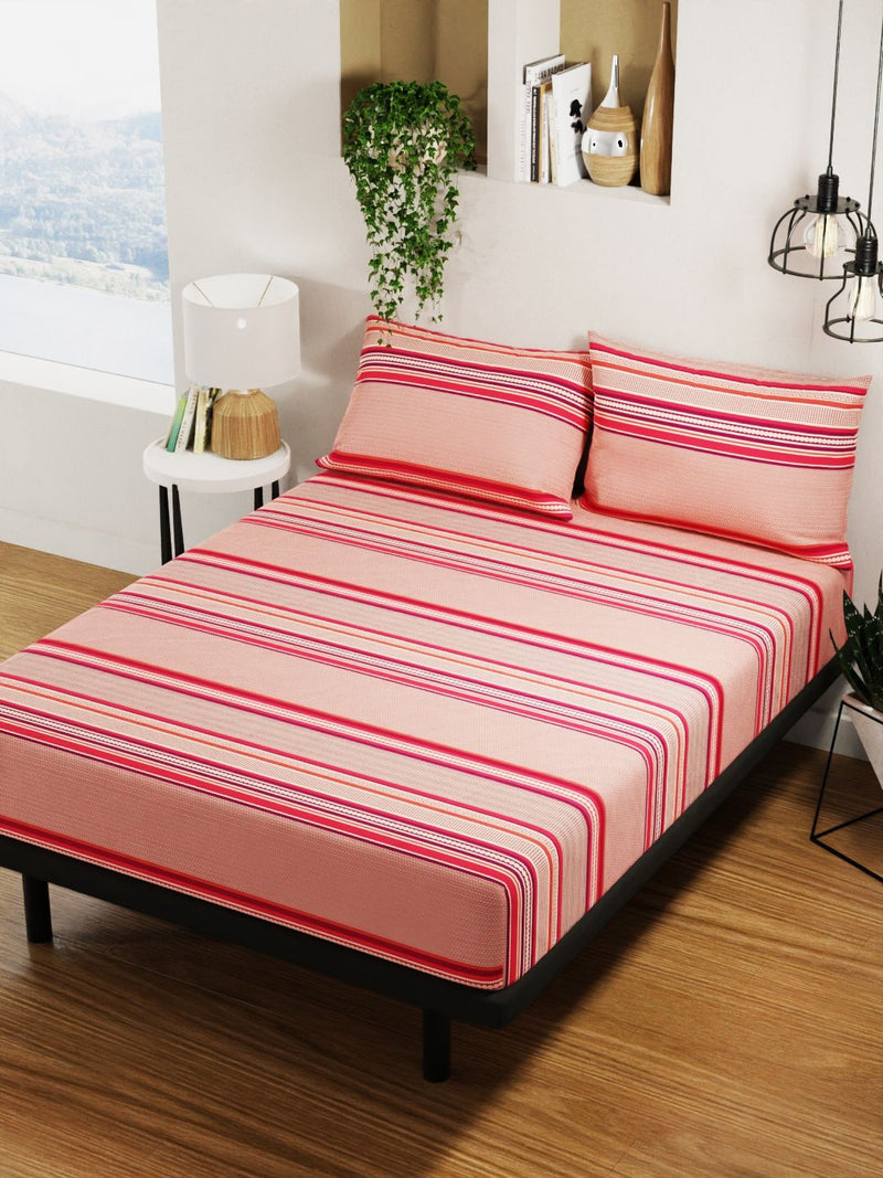 100% Pure Cotton Double Bedsheet With 2 Pillow Covers <small> (stripe-brick/wine)</small>
