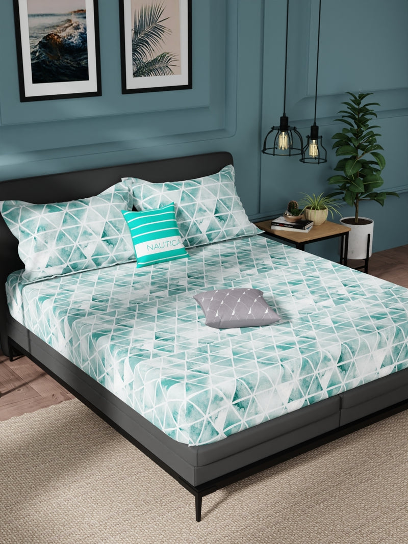 100% Pure Cotton Double Bedsheet With 2 Pillow Covers <small> (geometric-teal)</small>
